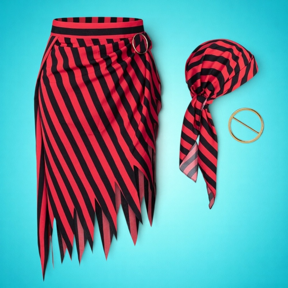 Pirate Costume Accessory 3 Piece Set Red Black Striped Skirt Scarf Buckle Large